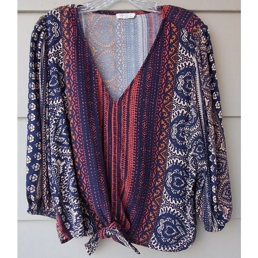 LOVESTITCH Bohemian V neck Tie Front Boxy Blouse Top Blue Red 3/4 balloon Sz  L